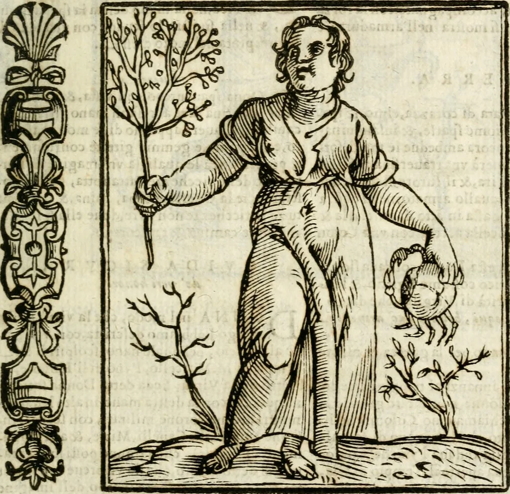 An illustration from Della nouissima Iconologia di Cesare Ripa Perugino Caualier de SS. Mauritio & Lazzaro : parte prima [-terza] : nella quale si descriuono diuerse imagini di virtu, vitij, affetti, passioni humane, arti, discipline, humori, elementi, corpi celesti, prouincie d'Italia, fiumi tutte parte del mondo, & altre infinite materie : opera utile ad oratori, predicatori, poeti, pittori, scultori, disegnatori, & ad'ogni studioso : per inuentar concetti, emblemi, ed'imprese, per diuisare qual si voglia apparato nutiale, funerale, trionsale : per rappresentar poemi drammatici, e per figurare co' suoi proprij simboli ciò che può cadere in pensiero humano : ampliata in quest' ultima editione non solo dallostesso auttore di trecento e cinquantadue imagini con molti discorsi pieni di varia eruditione & con molti indici copiosi, 1625, leaf 354