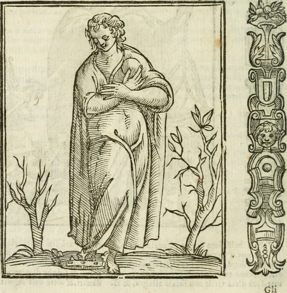 An illustration from Della nouissima Iconologia di Cesare Ripa Perugino Caualier de SS. Mauritio & Lazzaro : parte prima [-terza] : nella quale si descriuono diuerse imagini di virtu, vitij, affetti, passioni humane, arti, discipline, humori, elementi, corpi celesti, prouincie d'Italia, fiumi tutte parte del mondo, & altre infinite materie : opera utile ad oratori, predicatori, poeti, pittori, scultori, disegnatori, & ad'ogni studioso : per inuentar concetti, emblemi, ed'imprese, per diuisare qual si voglia apparato nutiale, funerale, trionsale : per rappresentar poemi drammatici, e per figurare co' suoi proprij simboli ciò che può cadere in pensiero humano : ampliata in quest' ultima editione non solo dallostesso auttore di trecento e cinquantadue imagini con molti discorsi pieni di varia eruditione & con molti indici copiosi, 1625, leaf 369