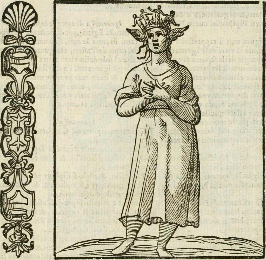 An illustration from Della nouissima Iconologia di Cesare Ripa Perugino Caualier de SS. Mauritio & Lazzaro : parte prima [-terza] : nella quale si descriuono diuerse imagini di virtu, vitij, affetti, passioni humane, arti, discipline, humori, elementi, corpi celesti, prouincie d'Italia, fiumi tutte parte del mondo, & altre infinite materie : opera utile ad oratori, predicatori, poeti, pittori, scultori, disegnatori, & ad'ogni studioso : per inuentar concetti, emblemi, ed'imprese, per diuisare qual si voglia apparato nutiale, funerale, trionsale : per rappresentar poemi drammatici, e per figurare co' suoi proprij simboli ciò che può cadere in pensiero humano : ampliata in quest' ultima editione non solo dallostesso auttore di trecento e cinquantadue imagini con molti discorsi pieni di varia eruditione & con molti indici copiosi, 1625, leaf 375