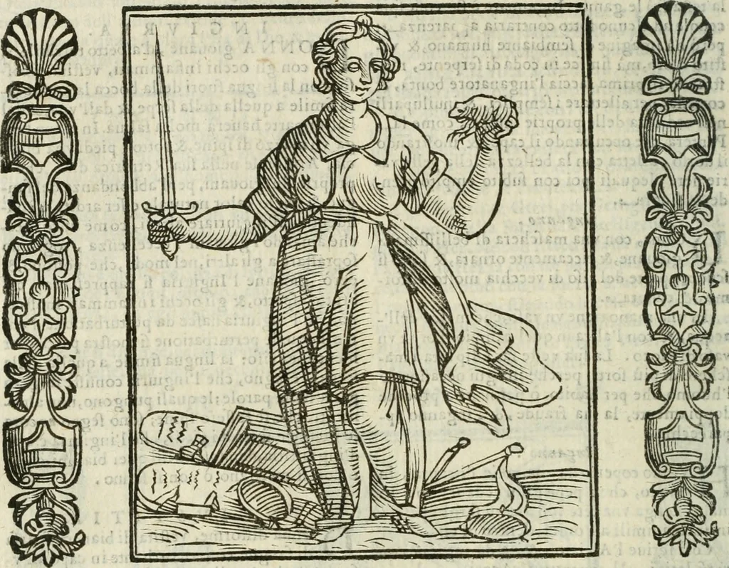 An illustration from Della nouissima Iconologia di Cesare Ripa Perugino Caualier de SS. Mauritio & Lazzaro : parte prima [-terza] : nella quale si descriuono diuerse imagini di virtu, vitij, affetti, passioni humane, arti, discipline, humori, elementi, corpi celesti, prouincie d'Italia, fiumi tutte parte del mondo, & altre infinite materie : opera utile ad oratori, predicatori, poeti, pittori, scultori, disegnatori, & ad'ogni studioso : per inuentar concetti, emblemi, ed'imprese, per diuisare qual si voglia apparato nutiale, funerale, trionsale : per rappresentar poemi drammatici, e per figurare co' suoi proprij simboli ciò che può cadere in pensiero humano : ampliata in quest' ultima editione non solo dallostesso auttore di trecento e cinquantadue imagini con molti discorsi pieni di varia eruditione & con molti indici copiosi, 1625, leaf 387