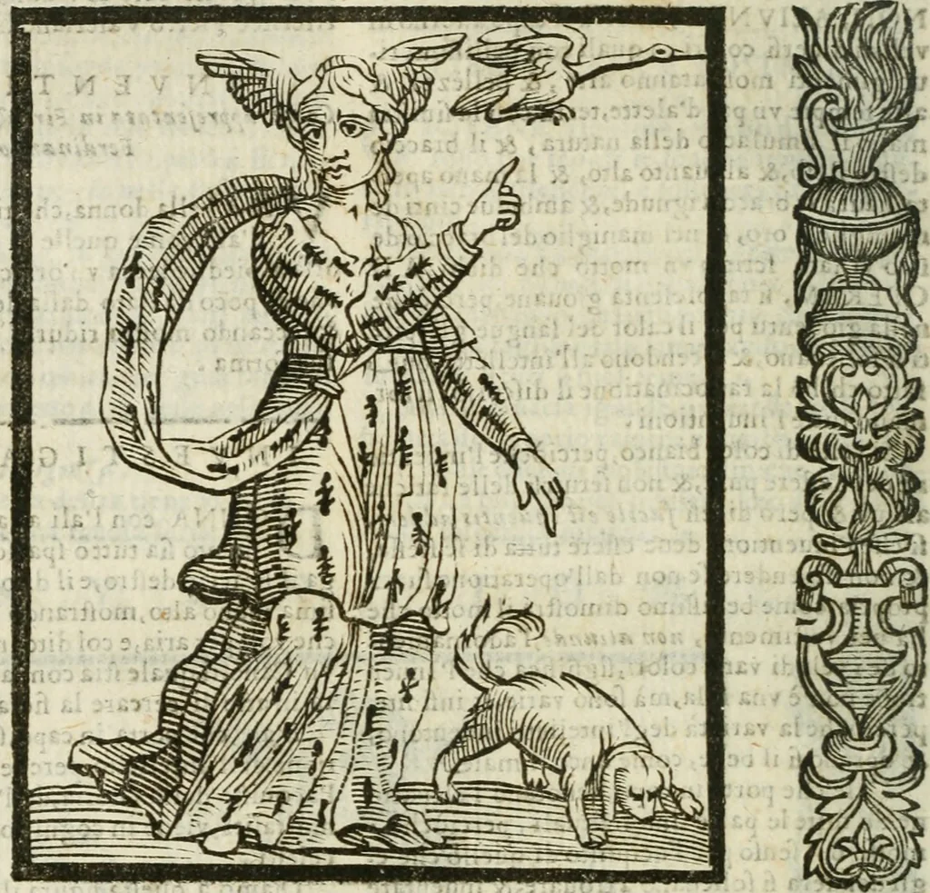An illustration from Della nouissima Iconologia di Cesare Ripa Perugino Caualier de SS. Mauritio & Lazzaro : parte prima [-terza] : nella quale si descriuono diuerse imagini di virtu, vitij, affetti, passioni humane, arti, discipline, humori, elementi, corpi celesti, prouincie d'Italia, fiumi tutte parte del mondo, & altre infinite materie : opera utile ad oratori, predicatori, poeti, pittori, scultori, disegnatori, & ad'ogni studioso : per inuentar concetti, emblemi, ed'imprese, per diuisare qual si voglia apparato nutiale, funerale, trionsale : per rappresentar poemi drammatici, e per figurare co' suoi proprij simboli ciò che può cadere in pensiero humano : ampliata in quest' ultima editione non solo dallostesso auttore di trecento e cinquantadue imagini con molti discorsi pieni di varia eruditione & con molti indici copiosi, 1625, leaf 399