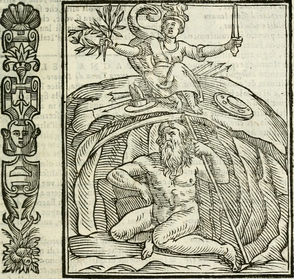 An illustration from Della nouissima Iconologia di Cesare Ripa Perugino Caualier de SS. Mauritio & Lazzaro : parte prima [-terza] : nella quale si descriuono diuerse imagini di virtu, vitij, affetti, passioni humane, arti, discipline, humori, elementi, corpi celesti, prouincie d'Italia, fiumi tutte parte del mondo, & altre infinite materie : opera utile ad oratori, predicatori, poeti, pittori, scultori, disegnatori, & ad'ogni studioso : per inuentar concetti, emblemi, ed'imprese, per diuisare qual si voglia apparato nutiale, funerale, trionsale : per rappresentar poemi drammatici, e per figurare co' suoi proprij simboli ciò che può cadere in pensiero humano : ampliata in quest' ultima editione non solo dallostesso auttore di trecento e cinquantadue imagini con molti discorsi pieni di varia eruditione & con molti indici copiosi, 1625, leaf 428