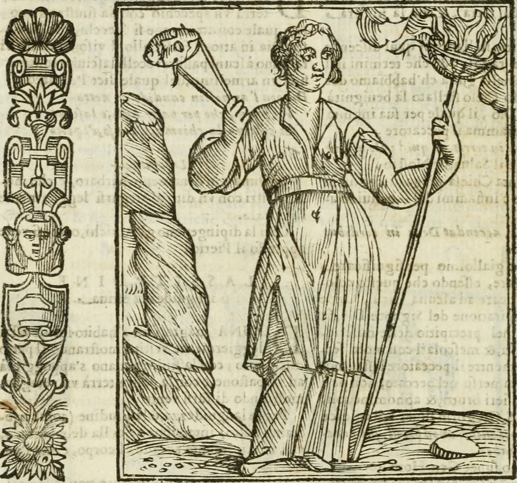 An illustration from Della nouissima Iconologia di Cesare Ripa Perugino Caualier de SS. Mauritio & Lazzaro : parte prima [-terza] : nella quale si descriuono diuerse imagini di virtu, vitij, affetti, passioni humane, arti, discipline, humori, elementi, corpi celesti, prouincie d'Italia, fiumi tutte parte del mondo, & altre infinite materie : opera utile ad oratori, predicatori, poeti, pittori, scultori, disegnatori, & ad'ogni studioso : per inuentar concetti, emblemi, ed'imprese, per diuisare qual si voglia apparato nutiale, funerale, trionsale : per rappresentar poemi drammatici, e per figurare co' suoi proprij simboli ciò che può cadere in pensiero humano : ampliata in quest' ultima editione non solo dallostesso auttore di trecento e cinquantadue imagini con molti discorsi pieni di varia eruditione & con molti indici copiosi, 1625, leaf 455