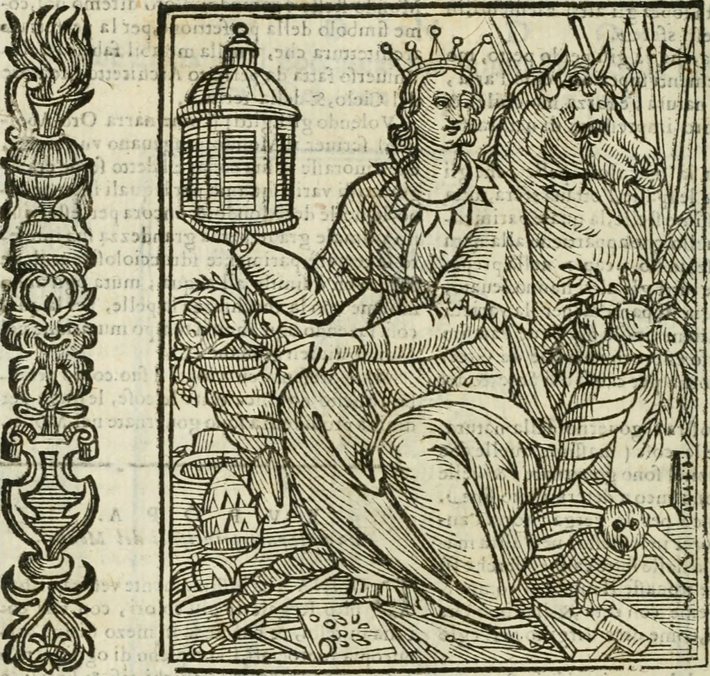 An illustration from Della nouissima Iconologia di Cesare Ripa Perugino Caualier de SS. Mauritio & Lazzaro : parte prima [-terza] : nella quale si descriuono diuerse imagini di virtu, vitij, affetti, passioni humane, arti, discipline, humori, elementi, corpi celesti, prouincie d'Italia, fiumi tutte parte del mondo, & altre infinite materie : opera utile ad oratori, predicatori, poeti, pittori, scultori, disegnatori, & ad'ogni studioso : per inuentar concetti, emblemi, ed'imprese, per diuisare qual si voglia apparato nutiale, funerale, trionsale : per rappresentar poemi drammatici, e per figurare co' suoi proprij simboli ciò che può cadere in pensiero humano : ampliata in quest' ultima editione non solo dallostesso auttore di trecento e cinquantadue imagini con molti discorsi pieni di varia eruditione & con molti indici copiosi, 1625, leaf 505