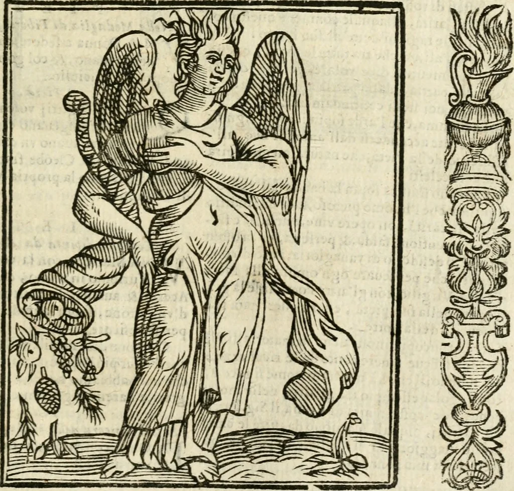An illustration from Della nouissima Iconologia di Cesare Ripa Perugino Caualier de SS. Mauritio & Lazzaro : parte prima [-terza] : nella quale si descriuono diuerse imagini di virtu, vitij, affetti, passioni humane, arti, discipline, humori, elementi, corpi celesti, prouincie d'Italia, fiumi tutte parte del mondo, & altre infinite materie : opera utile ad oratori, predicatori, poeti, pittori, scultori, disegnatori, & ad'ogni studioso : per inuentar concetti, emblemi, ed'imprese, per diuisare qual si voglia apparato nutiale, funerale, trionsale : per rappresentar poemi drammatici, e per figurare co' suoi proprij simboli ciò che può cadere in pensiero humano : ampliata in quest' ultima editione non solo dallostesso auttore di trecento e cinquantadue imagini con molti discorsi pieni di varia eruditione & con molti indici copiosi, 1625, leaf 580