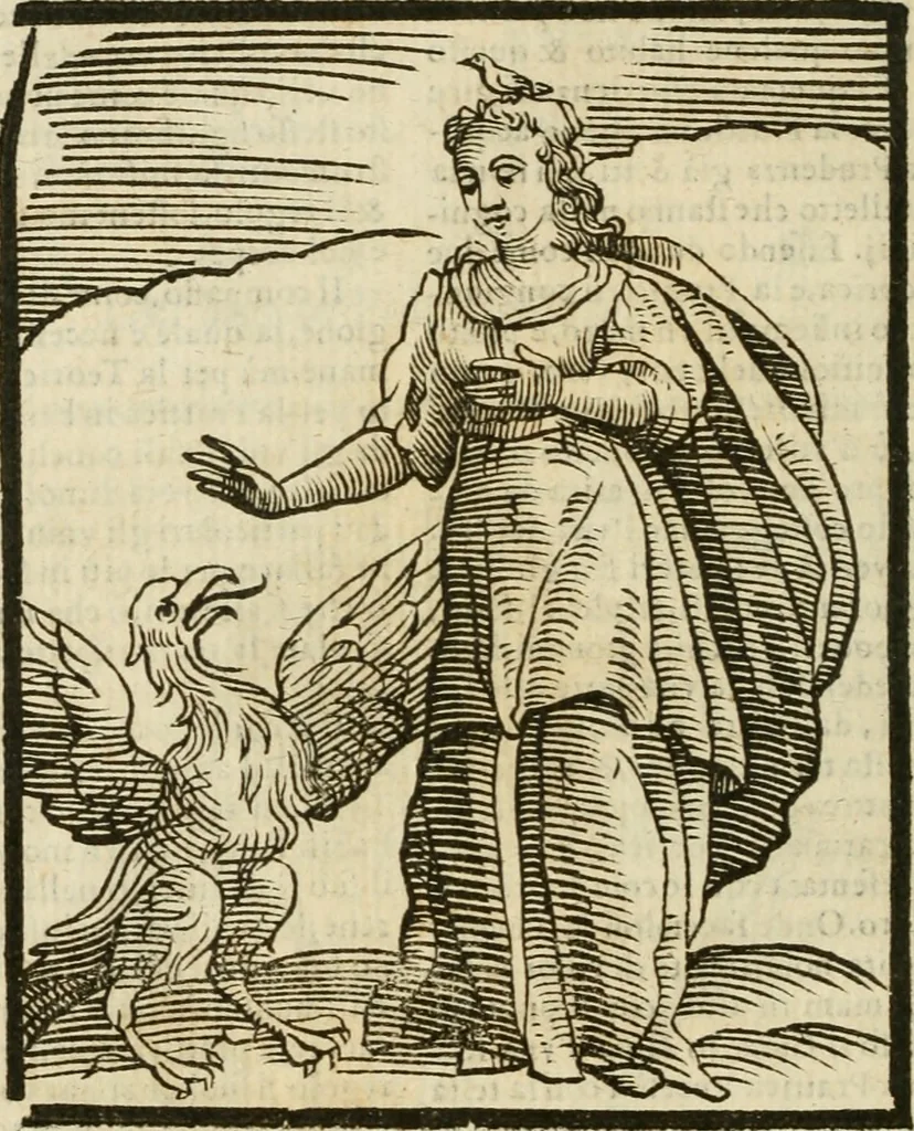 An illustration from Della nouissima Iconologia di Cesare Ripa Perugino Caualier de SS. Mauritio & Lazzaro : parte prima [-terza] : nella quale si descriuono diuerse imagini di virtu, vitij, affetti, passioni humane, arti, discipline, humori, elementi, corpi celesti, prouincie d'Italia, fiumi tutte parte del mondo, & altre infinite materie : opera utile ad oratori, predicatori, poeti, pittori, scultori, disegnatori, & ad'ogni studioso : per inuentar concetti, emblemi, ed'imprese, per diuisare qual si voglia apparato nutiale, funerale, trionsale : per rappresentar poemi drammatici, e per figurare co' suoi proprij simboli ciò che può cadere in pensiero humano : ampliata in quest' ultima editione non solo dallostesso auttore di trecento e cinquantadue imagini con molti discorsi pieni di varia eruditione & con molti indici copiosi, 1625, leaf 591