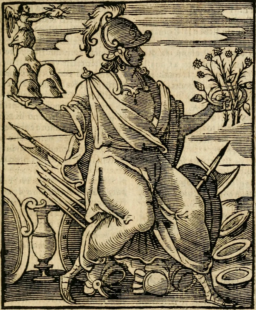An illustration from Della nouissima Iconologia di Cesare Ripa Perugino Caualier de SS. Mauritio & Lazzaro : parte prima [-terza] : nella quale si descriuono diuerse imagini di virtu, vitij, affetti, passioni humane, arti, discipline, humori, elementi, corpi celesti, prouincie d'Italia, fiumi tutte parte del mondo, & altre infinite materie : opera utile ad oratori, predicatori, poeti, pittori, scultori, disegnatori, & ad'ogni studioso : per inuentar concetti, emblemi, ed'imprese, per diuisare qual si voglia apparato nutiale, funerale, trionsale : per rappresentar poemi drammatici, e per figurare co' suoi proprij simboli ciò che può cadere in pensiero humano : ampliata in quest' ultima editione non solo dallostesso auttore di trecento e cinquantadue imagini con molti discorsi pieni di varia eruditione & con molti indici copiosi, 1625, leaf 636