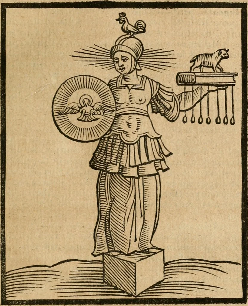 An illustration from Della nouissima Iconologia di Cesare Ripa Perugino Caualier de SS. Mauritio & Lazzaro : parte prima [-terza] : nella quale si descriuono diuerse imagini di virtu, vitij, affetti, passioni humane, arti, discipline, humori, elementi, corpi celesti, prouincie d'Italia, fiumi tutte parte del mondo, & altre infinite materie : opera utile ad oratori, predicatori, poeti, pittori, scultori, disegnatori, & ad'ogni studioso : per inuentar concetti, emblemi, ed'imprese, per diuisare qual si voglia apparato nutiale, funerale, trionsale : per rappresentar poemi drammatici, e per figurare co' suoi proprij simboli ciò che può cadere in pensiero humano : ampliata in quest' ultima editione non solo dallostesso auttore di trecento e cinquantadue imagini con molti discorsi pieni di varia eruditione & con molti indici copiosi, 1625, leaf 652