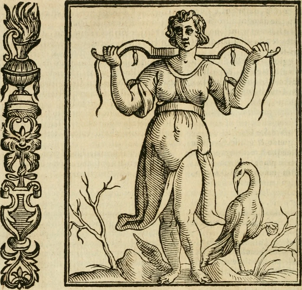 An illustration from Della nouissima Iconologia di Cesare Ripa Perugino Caualier de SS. Mauritio & Lazzaro : parte prima [-terza] : nella quale si descriuono diuerse imagini di virtu, vitij, affetti, passioni humane, arti, discipline, humori, elementi, corpi celesti, prouincie d'Italia, fiumi tutte parte del mondo, & altre infinite materie : opera utile ad oratori, predicatori, poeti, pittori, scultori, disegnatori, & ad'ogni studioso : per inuentar concetti, emblemi, ed'imprese, per diuisare qual si voglia apparato nutiale, funerale, trionsale : per rappresentar poemi drammatici, e per figurare co' suoi proprij simboli ciò che può cadere in pensiero humano : ampliata in quest' ultima editione non solo dallostesso auttore di trecento e cinquantadue imagini con molti discorsi pieni di varia eruditione & con molti indici copiosi, 1625, leaf 673