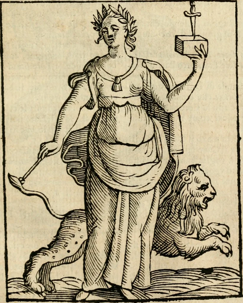An illustration from Della nouissima Iconologia di Cesare Ripa Perugino Caualier de SS. Mauritio & Lazzaro : parte prima [-terza] : nella quale si descriuono diuerse imagini di virtu, vitij, affetti, passioni humane, arti, discipline, humori, elementi, corpi celesti, prouincie d'Italia, fiumi tutte parte del mondo, & altre infinite materie : opera utile ad oratori, predicatori, poeti, pittori, scultori, disegnatori, & ad'ogni studioso : per inuentar concetti, emblemi, ed'imprese, per diuisare qual si voglia apparato nutiale, funerale, trionsale : per rappresentar poemi drammatici, e per figurare co' suoi proprij simboli ciò che può cadere in pensiero humano : ampliata in quest' ultima editione non solo dallostesso auttore di trecento e cinquantadue imagini con molti discorsi pieni di varia eruditione & con molti indici copiosi, 1625, leaf 674