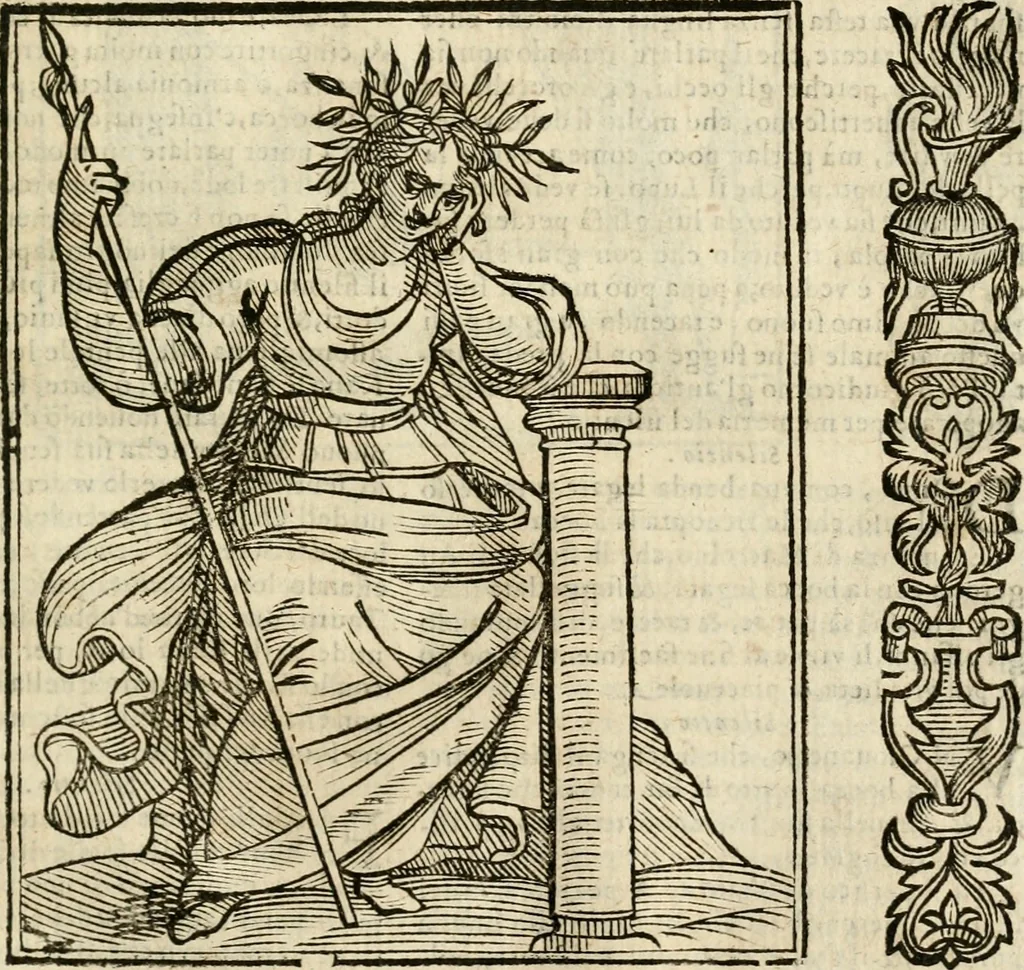 An illustration from Della nouissima Iconologia di Cesare Ripa Perugino Caualier de SS. Mauritio & Lazzaro : parte prima [-terza] : nella quale si descriuono diuerse imagini di virtu, vitij, affetti, passioni humane, arti, discipline, humori, elementi, corpi celesti, prouincie d'Italia, fiumi tutte parte del mondo, & altre infinite materie : opera utile ad oratori, predicatori, poeti, pittori, scultori, disegnatori, & ad'ogni studioso : per inuentar concetti, emblemi, ed'imprese, per diuisare qual si voglia apparato nutiale, funerale, trionsale : per rappresentar poemi drammatici, e per figurare co' suoi proprij simboli ciò che può cadere in pensiero humano : ampliata in quest' ultima editione non solo dallostesso auttore di trecento e cinquantadue imagini con molti discorsi pieni di varia eruditione & con molti indici copiosi, 1625, leaf 676