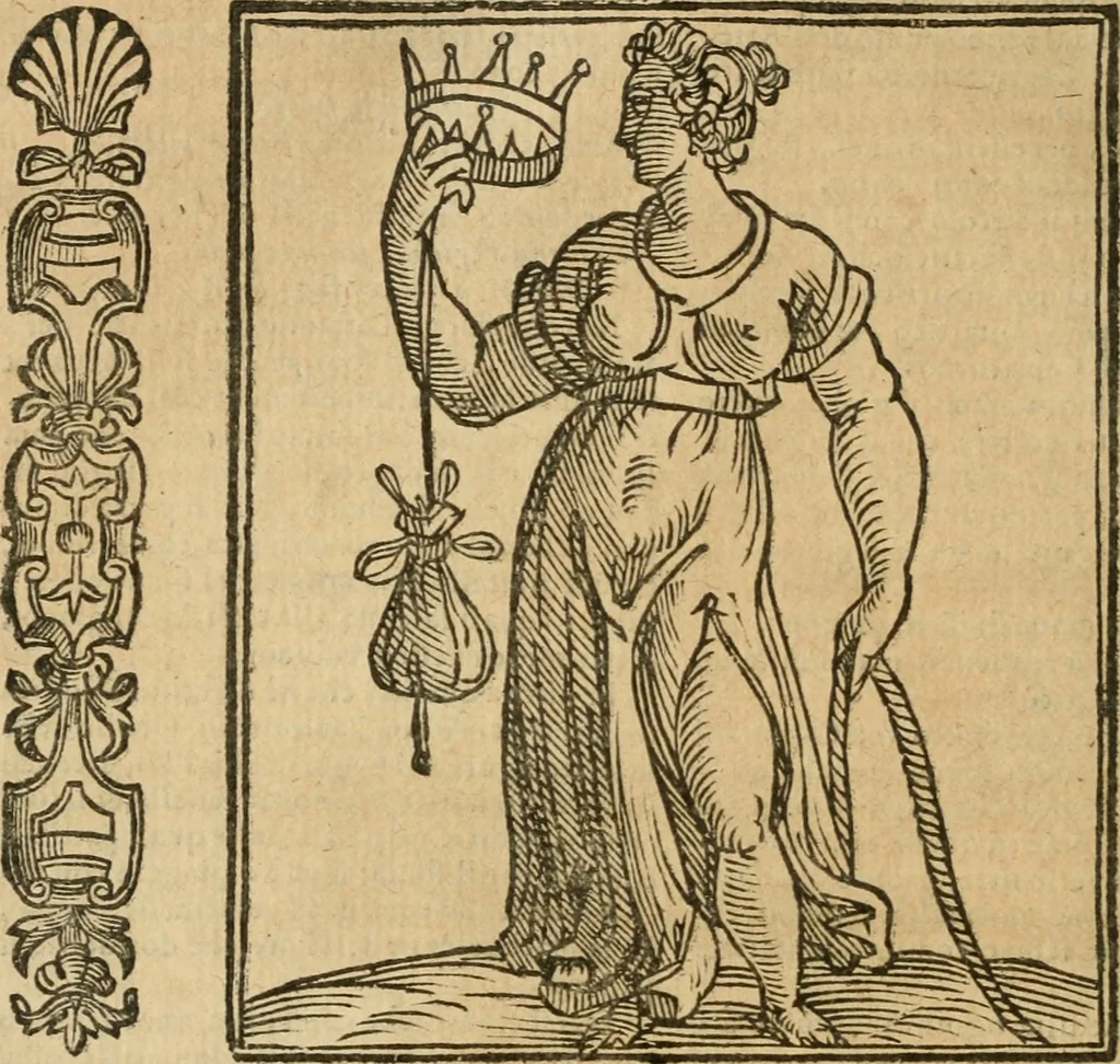 An illustration from Della nouissima Iconologia di Cesare Ripa Perugino Caualier de SS. Mauritio & Lazzaro : parte prima [-terza] : nella quale si descriuono diuerse imagini di virtu, vitij, affetti, passioni humane, arti, discipline, humori, elementi, corpi celesti, prouincie d'Italia, fiumi tutte parte del mondo, & altre infinite materie : opera utile ad oratori, predicatori, poeti, pittori, scultori, disegnatori, & ad'ogni studioso : per inuentar concetti, emblemi, ed'imprese, per diuisare qual si voglia apparato nutiale, funerale, trionsale : per rappresentar poemi drammatici, e per figurare co' suoi proprij simboli ciò che può cadere in pensiero humano : ampliata in quest' ultima editione non solo dallostesso auttore di trecento e cinquantadue imagini con molti discorsi pieni di varia eruditione & con molti indici copiosi, 1625, leaf 693
