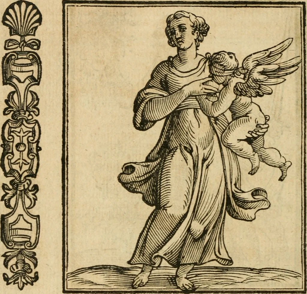 An illustration from Della nouissima Iconologia di Cesare Ripa Perugino Caualier de SS. Mauritio & Lazzaro : parte prima [-terza] : nella quale si descriuono diuerse imagini di virtu, vitij, affetti, passioni humane, arti, discipline, humori, elementi, corpi celesti, prouincie d'Italia, fiumi tutte parte del mondo, & altre infinite materie : opera utile ad oratori, predicatori, poeti, pittori, scultori, disegnatori, & ad'ogni studioso : per inuentar concetti, emblemi, ed'imprese, per diuisare qual si voglia apparato nutiale, funerale, trionsale : per rappresentar poemi drammatici, e per figurare co' suoi proprij simboli ciò che può cadere in pensiero humano : ampliata in quest' ultima editione non solo dallostesso auttore di trecento e cinquantadue imagini con molti discorsi pieni di varia eruditione & con molti indici copiosi, 1625, leaf 699
