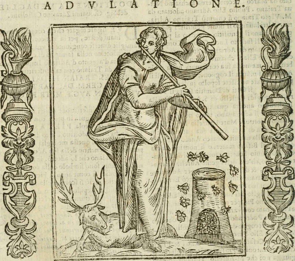 An illustration from Della nouissima Iconologia di Cesare Ripa Perugino Caualier de SS. Mauritio & Lazzaro : parte prima [-terza] : nella quale si descriuono diuerse imagini di virtu, vitij, affetti, passioni humane, arti, discipline, humori, elementi, corpi celesti, prouincie d'Italia, fiumi tutte parte del mondo, & altre infinite materie : opera utile ad oratori, predicatori, poeti, pittori, scultori, disegnatori, & ad'ogni studioso : per inuentar concetti, emblemi, ed'imprese, per diuisare qual si voglia apparato nutiale, funerale, trionsale : per rappresentar poemi drammatici, e per figurare co' suoi proprij simboli ciò che può cadere in pensiero humano : ampliata in quest' ultima editione non solo dallostesso auttore di trecento e cinquantadue imagini con molti discorsi pieni di varia eruditione & con molti indici copiosi, 1625, leaf 75