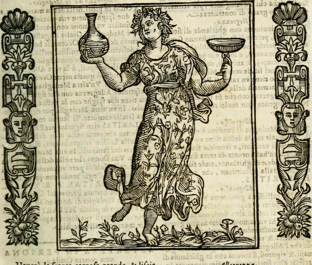 An illustration from Della nouissima Iconologia di Cesare Ripa Perugino Caualier de SS. Mauritio & Lazzaro : parte prima [-terza] : nella quale si descriuono diuerse imagini di virtu, vitij, affetti, passioni humane, arti, discipline, humori, elementi, corpi celesti, prouincie d'Italia, fiumi tutte parte del mondo, & altre infinite materie : opera utile ad oratori, predicatori, poeti, pittori, scultori, disegnatori, & ad'ogni studioso : per inuentar concetti, emblemi, ed'imprese, per diuisare qual si voglia apparato nutiale, funerale, trionsale : per rappresentar poemi drammatici, e per figurare co' suoi proprij simboli ciò che può cadere in pensiero humano : ampliata in quest' ultima editione non solo dallostesso auttore di trecento e cinquantadue imagini con molti discorsi pieni di varia eruditione & con molti indici copiosi, 1625, leaf 82