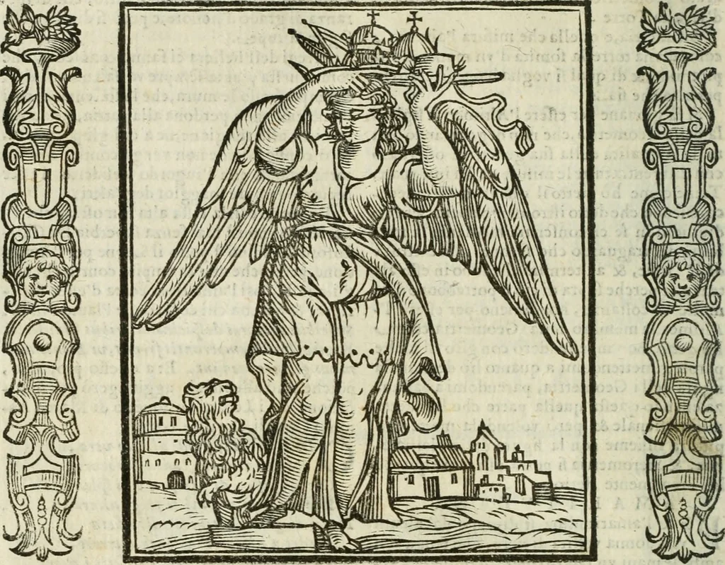 An illustration from Della nouissima Iconologia di Cesare Ripa Perugino Caualier de SS. Mauritio & Lazzaro : parte prima [-terza] : nella quale si descriuono diuerse imagini di virtu, vitij, affetti, passioni humane, arti, discipline, humori, elementi, corpi celesti, prouincie d'Italia, fiumi tutte parte del mondo, & altre infinite materie : opera utile ad oratori, predicatori, poeti, pittori, scultori, disegnatori, & ad'ogni studioso : per inuentar concetti, emblemi, ed'imprese, per diuisare qual si voglia apparato nutiale, funerale, trionsale : per rappresentar poemi drammatici, e per figurare co' suoi proprij simboli ciò che può cadere in pensiero humano : ampliata in quest' ultima editione non solo dallostesso auttore di trecento e cinquantadue imagini con molti discorsi pieni di varia eruditione & con molti indici copiosi, 1625, leaf 87