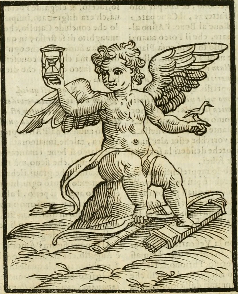 An illustration from Della nouissima Iconologia di Cesare Ripa Perugino Caualier de SS. Mauritio & Lazzaro : parte prima [-terza] : nella quale si descriuono diuerse imagini di virtu, vitij, affetti, passioni humane, arti, discipline, humori, elementi, corpi celesti, prouincie d'Italia, fiumi tutte parte del mondo, & altre infinite materie : opera utile ad oratori, predicatori, poeti, pittori, scultori, disegnatori, & ad'ogni studioso : per inuentar concetti, emblemi, ed'imprese, per diuisare qual si voglia apparato nutiale, funerale, trionsale : per rappresentar poemi drammatici, e per figurare co' suoi proprij simboli ciò che può cadere in pensiero humano : ampliata in quest' ultima editione non solo dallostesso auttore di trecento e cinquantadue imagini con molti discorsi pieni di varia eruditione & con molti indici copiosi, 1625, leaf 95
