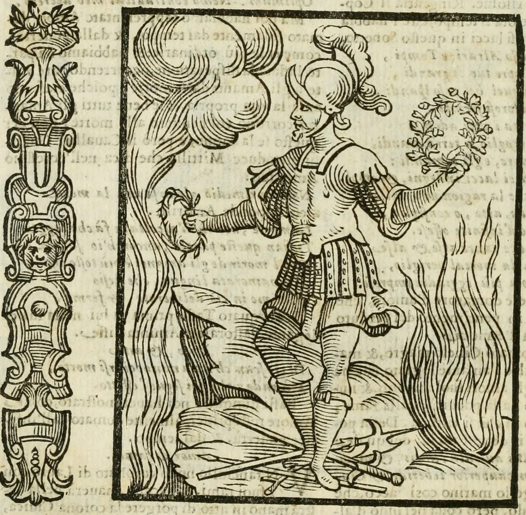 An illustration from Della nouissima Iconologia di Cesare Ripa Perugino Caualier de SS. Mauritio & Lazzaro : parte prima [-terza] : nella quale si descriuono diuerse imagini di virtu, vitij, affetti, passioni humane, arti, discipline, humori, elementi, corpi celesti, prouincie d'Italia, fiumi tutte parte del mondo, & altre infinite materie : opera utile ad oratori, predicatori, poeti, pittori, scultori, disegnatori, & ad'ogni studioso : per inuentar concetti, emblemi, ed'imprese, per diuisare qual si voglia apparato nutiale, funerale, trionsale : per rappresentar poemi drammatici, e per figurare co' suoi proprij simboli ciò che può cadere in pensiero humano : ampliata in quest' ultima editione non solo dallostesso auttore di trecento e cinquantadue imagini con molti discorsi pieni di varia eruditione & con molti indici copiosi, 1625, leaf 97