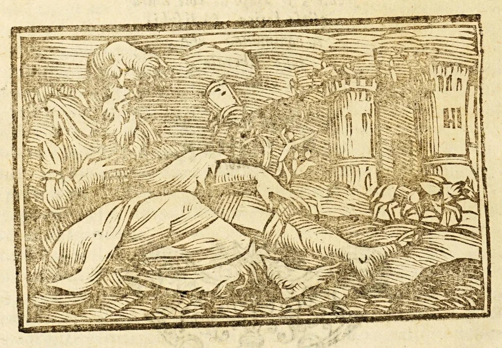 An illustration from Della officina istorica / Nella quale si spiegano essempi notabilissimi, antichi, & moderni, à virtù, & à diffetto pertinenti. Dà quali può ageuolmente il professore di lettere, e d'armi, lo studioso d'istoria, di poesia, di costumi, e di cose varie, il curioso ancora può trarre vtilità per corregere non pur i mancamenti altrui, ma i proprij, e d'incaminarsi nella strada delle virtù. Con vna aggiunta non più stampata di accidenti seguiti, & per hauere alcuni finto temerariamente la persona altrui, e d'altri casi successi in diuersi tempi, 1622, leaf 368