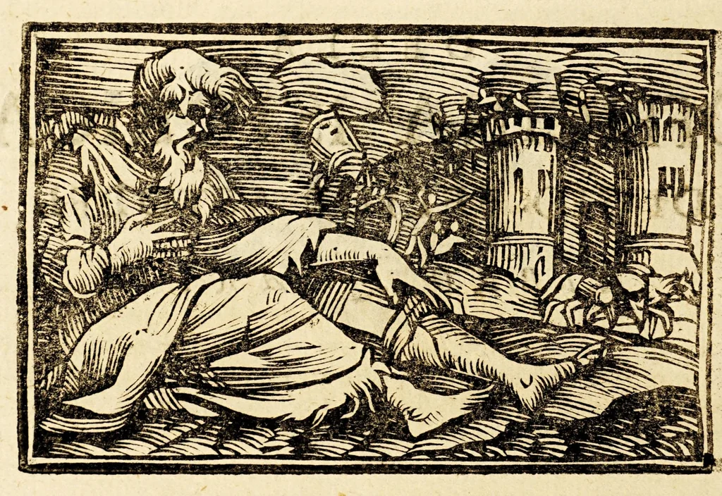An illustration from Della officina istorica / Nella quale si spiegano essempi notabilissimi, antichi, & moderni, à virtù, & à diffetto pertinenti. Dà quali può ageuolmente il professore di lettere, e d'armi, lo studioso d'istoria, di poesia, di costumi, e di cose varie, il curioso ancora può trarre vtilità per corregere non pur i mancamenti altrui, ma i proprij, e d'incaminarsi nella strada delle virtù. Con vna aggiunta non più stampata di accidenti seguiti, & per hauere alcuni finto temerariamente la persona altrui, e d'altri casi successi in diuersi tempi, 1622, leaf 518