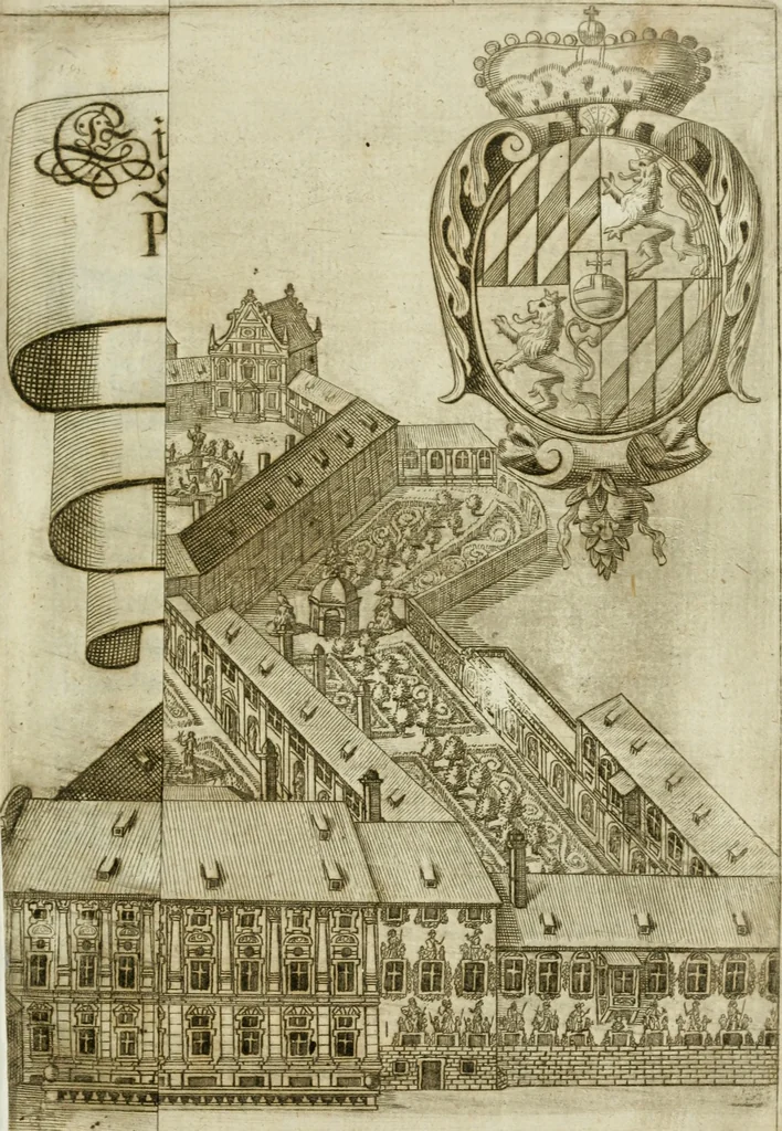 An illustration from I trionfi dell'architettvra nella sontuosa residenza di Monaco : descritti e rappresentati all'Altza. serenissima di Ferdinando Maria, duca dell'una e l'altra Baviera, conte Palatino del Reno ..., 1667, leaf 12