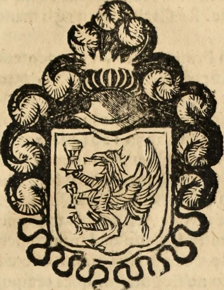 An illustration from Dell'armi, overo insegne dei nobili, ove sono i discorsi d'alcune famiglie, così spente, come vive del regno di Napoli : 4. et ultima impressione nella quale si suppliscono quelle famiglie che poste nella prima, erano dall'istesso autore state levate nella seconda, 1701, leaf 102