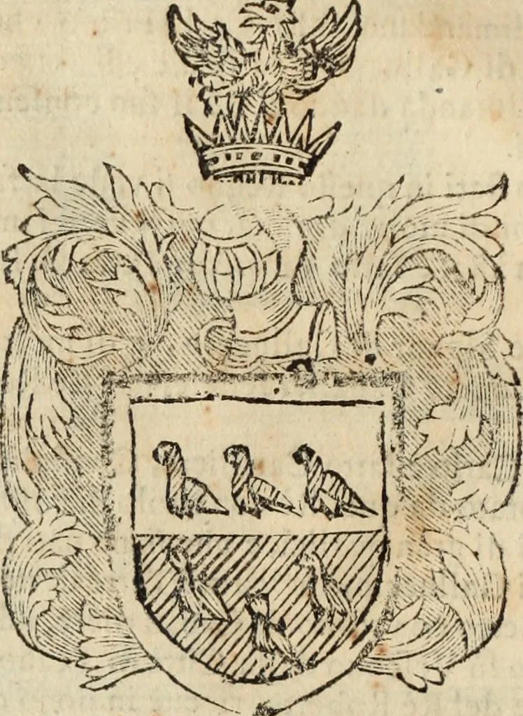 An illustration from Dell'armi, overo insegne dei nobili, ove sono i discorsi d'alcune famiglie, così spente, come vive del regno di Napoli : 4. et ultima impressione nella quale si suppliscono quelle famiglie che poste nella prima, erano dall'istesso autore state levate nella seconda, 1701, leaf 115