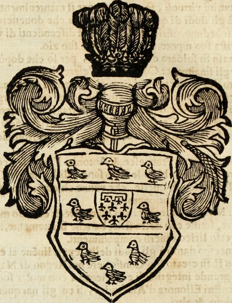 An illustration from Dell'armi, overo insegne dei nobili, ove sono i discorsi d'alcune famiglie, così spente, come vive del regno di Napoli : 4. et ultima impressione nella quale si suppliscono quelle famiglie che poste nella prima, erano dall'istesso autore state levate nella seconda, 1701, leaf 119