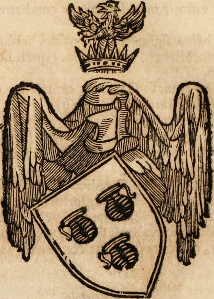 An illustration from Dell'armi, overo insegne dei nobili, ove sono i discorsi d'alcune famiglie, così spente, come vive del regno di Napoli : 4. et ultima impressione nella quale si suppliscono quelle famiglie che poste nella prima, erano dall'istesso autore state levate nella seconda, 1701, leaf 161