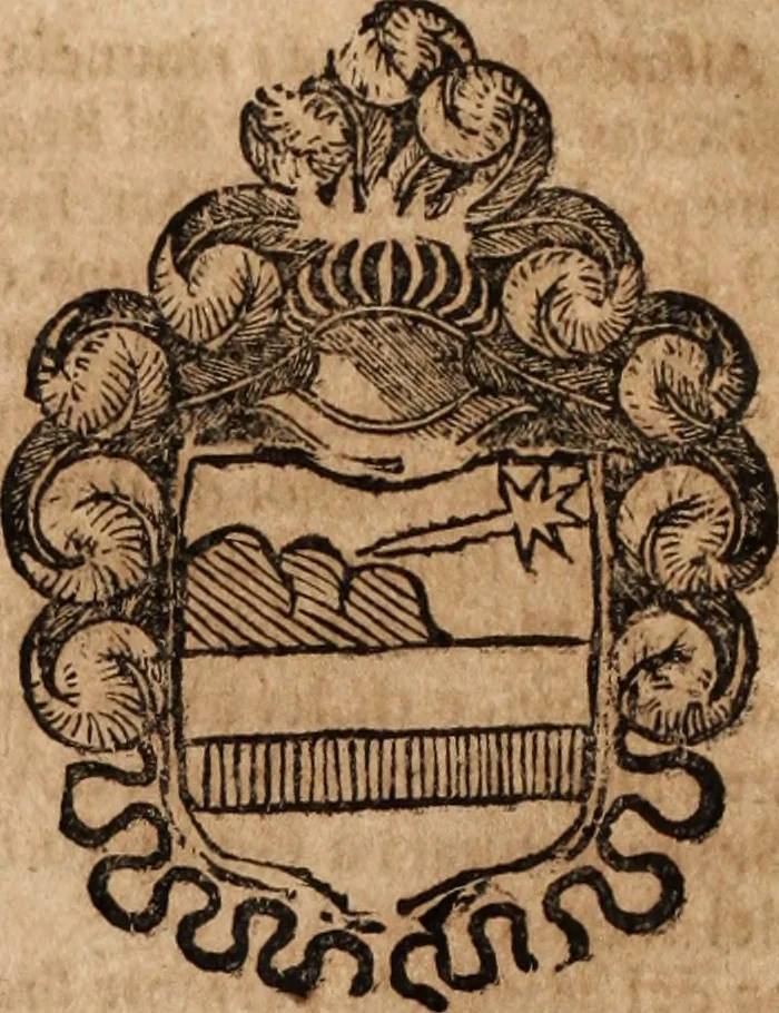 An illustration from Dell'armi, overo insegne dei nobili, ove sono i discorsi d'alcune famiglie, così spente, come vive del regno di Napoli : 4. et ultima impressione nella quale si suppliscono quelle famiglie che poste nella prima, erano dall'istesso autore state levate nella seconda, 1701, leaf 175