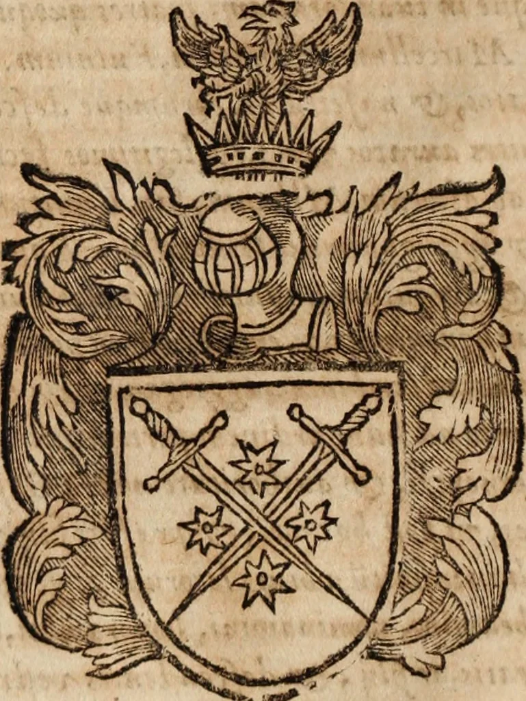 An illustration from Dell'armi, overo insegne dei nobili, ove sono i discorsi d'alcune famiglie, così spente, come vive del regno di Napoli : 4. et ultima impressione nella quale si suppliscono quelle famiglie che poste nella prima, erano dall'istesso autore state levate nella seconda, 1701, leaf 179
