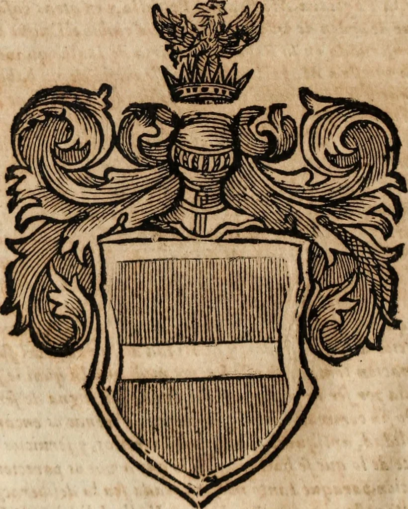 An illustration from Dell'armi, overo insegne dei nobili, ove sono i discorsi d'alcune famiglie, così spente, come vive del regno di Napoli : 4. et ultima impressione nella quale si suppliscono quelle famiglie che poste nella prima, erano dall'istesso autore state levate nella seconda, 1701, leaf 193