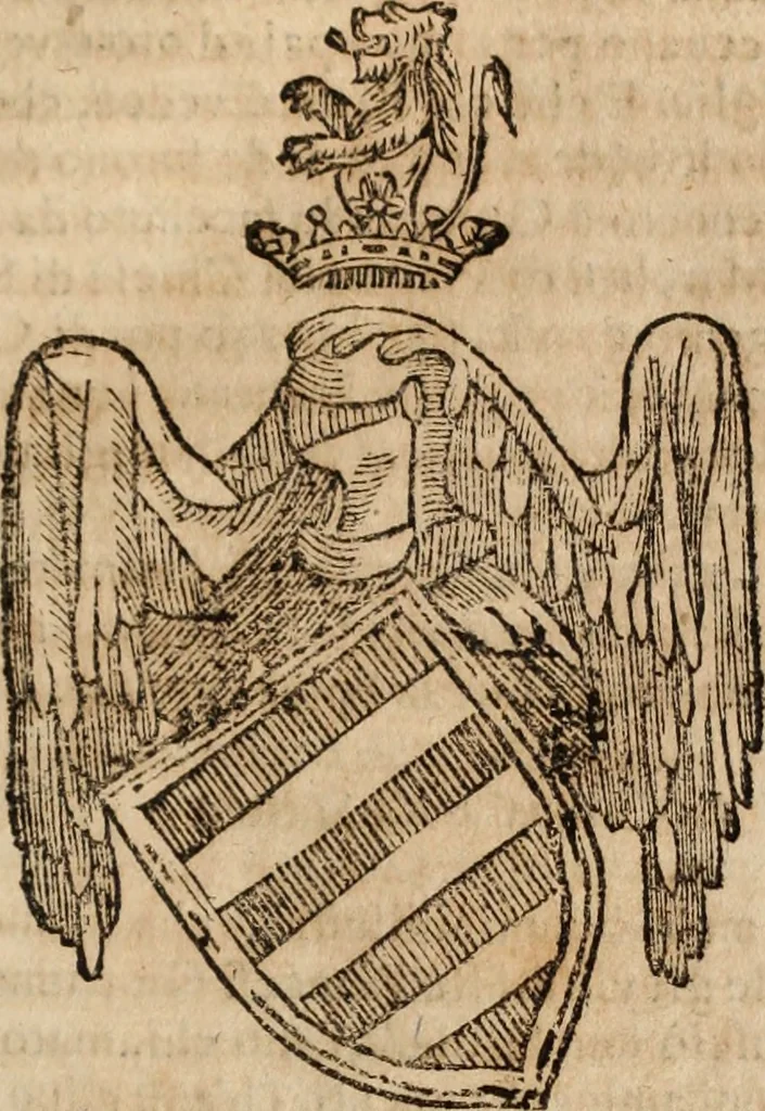 An illustration from Dell'armi, overo insegne dei nobili, ove sono i discorsi d'alcune famiglie, così spente, come vive del regno di Napoli : 4. et ultima impressione nella quale si suppliscono quelle famiglie che poste nella prima, erano dall'istesso autore state levate nella seconda, 1701, leaf 206