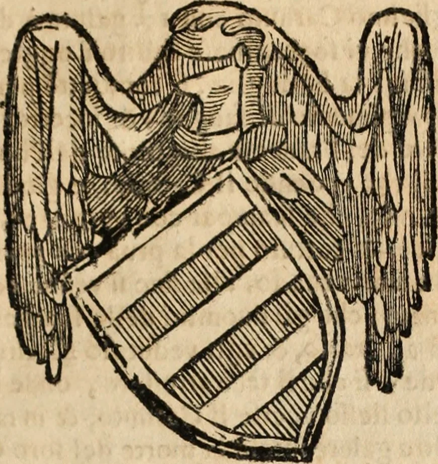 An illustration from Dell'armi, overo insegne dei nobili, ove sono i discorsi d'alcune famiglie, così spente, come vive del regno di Napoli : 4. et ultima impressione nella quale si suppliscono quelle famiglie che poste nella prima, erano dall'istesso autore state levate nella seconda, 1701, leaf 218