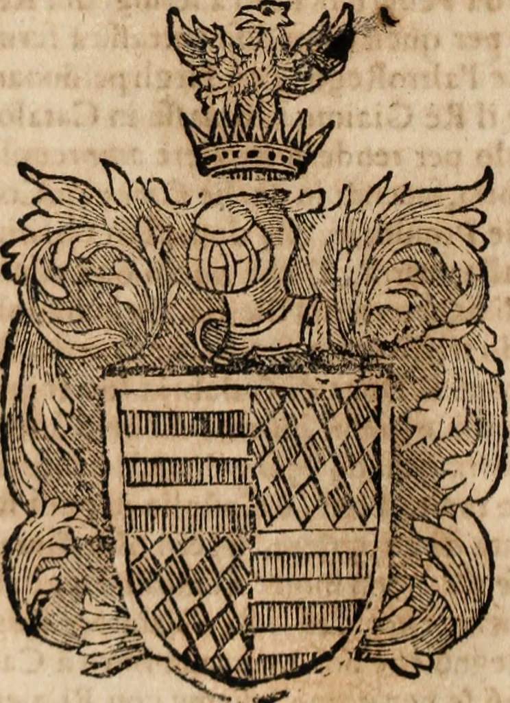 An illustration from Dell'armi, overo insegne dei nobili, ove sono i discorsi d'alcune famiglie, così spente, come vive del regno di Napoli : 4. et ultima impressione nella quale si suppliscono quelle famiglie che poste nella prima, erano dall'istesso autore state levate nella seconda, 1701, leaf 221