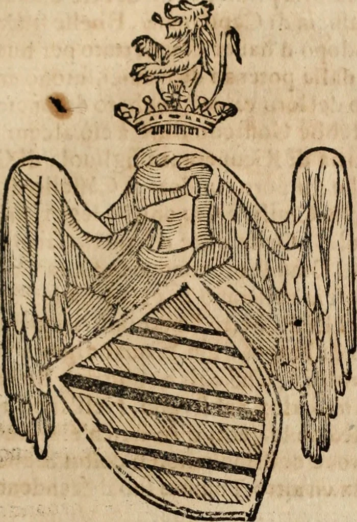 An illustration from Dell'armi, overo insegne dei nobili, ove sono i discorsi d'alcune famiglie, così spente, come vive del regno di Napoli : 4. et ultima impressione nella quale si suppliscono quelle famiglie che poste nella prima, erano dall'istesso autore state levate nella seconda, 1701, leaf 240