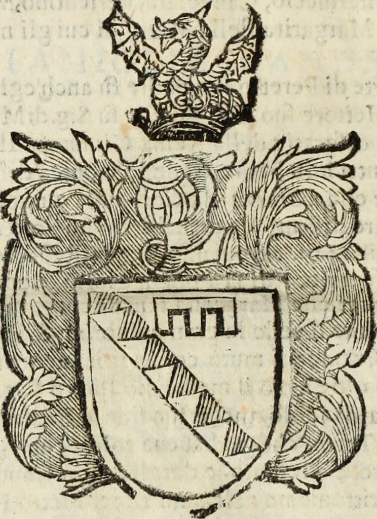 An illustration from Dell'armi, overo insegne dei nobili, ove sono i discorsi d'alcune famiglie, così spente, come vive del regno di Napoli : 4. et ultima impressione nella quale si suppliscono quelle famiglie che poste nella prima, erano dall'istesso autore state levate nella seconda, 1701, leaf 281