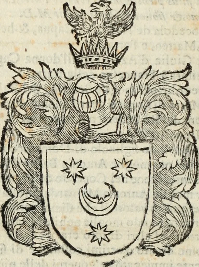 An illustration from Dell'armi, overo insegne dei nobili, ove sono i discorsi d'alcune famiglie, così spente, come vive del regno di Napoli : 4. et ultima impressione nella quale si suppliscono quelle famiglie che poste nella prima, erano dall'istesso autore state levate nella seconda, 1701, leaf 309