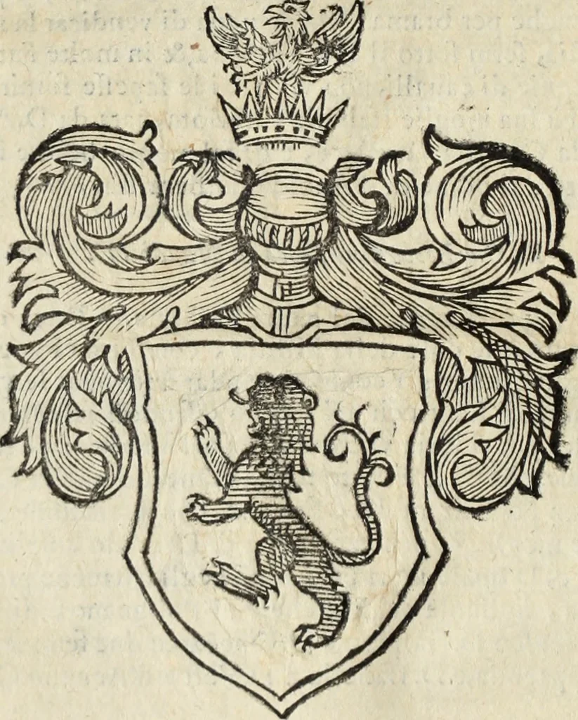 An illustration from Dell'armi, overo insegne dei nobili, ove sono i discorsi d'alcune famiglie, così spente, come vive del regno di Napoli : 4. et ultima impressione nella quale si suppliscono quelle famiglie che poste nella prima, erano dall'istesso autore state levate nella seconda, 1701, leaf 49