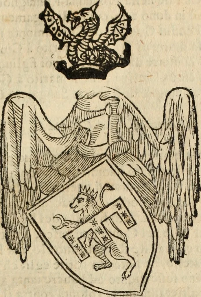 An illustration from Dell'armi, overo insegne dei nobili, ove sono i discorsi d'alcune famiglie, così spente, come vive del regno di Napoli : 4. et ultima impressione nella quale si suppliscono quelle famiglie che poste nella prima, erano dall'istesso autore state levate nella seconda, 1701, leaf 80