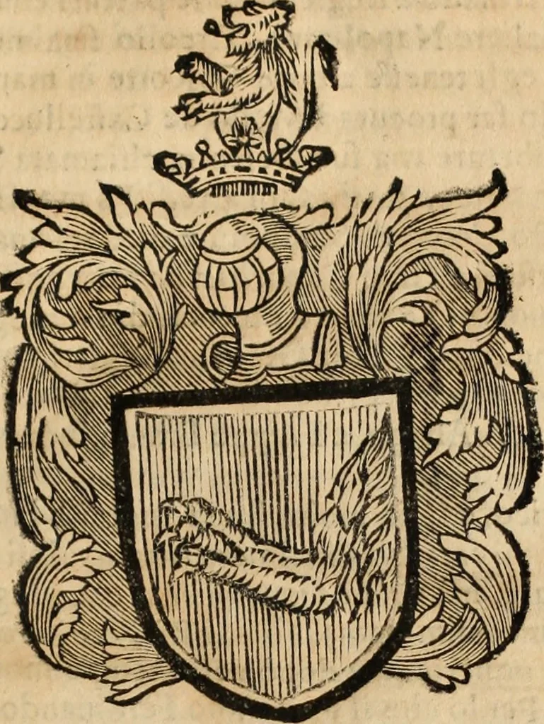 An illustration from Dell'armi, overo insegne dei nobili, ove sono i discorsi d'alcune famiglie, così spente, come vive del regno di Napoli : 4. et ultima impressione nella quale si suppliscono quelle famiglie che poste nella prima, erano dall'istesso autore state levate nella seconda, 1701, leaf 94