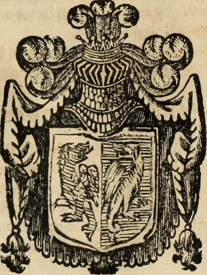An illustration from Dell'armi, overo insegne dei nobili, ove sono i discorsi d'alcune famiglie, così spente, come vive del regno di Napoli : 4. et ultima impressione nella quale si suppliscono quelle famiglie che poste nella prima, erano dall'istesso autore state levate nella seconda, 1701, leaf 96