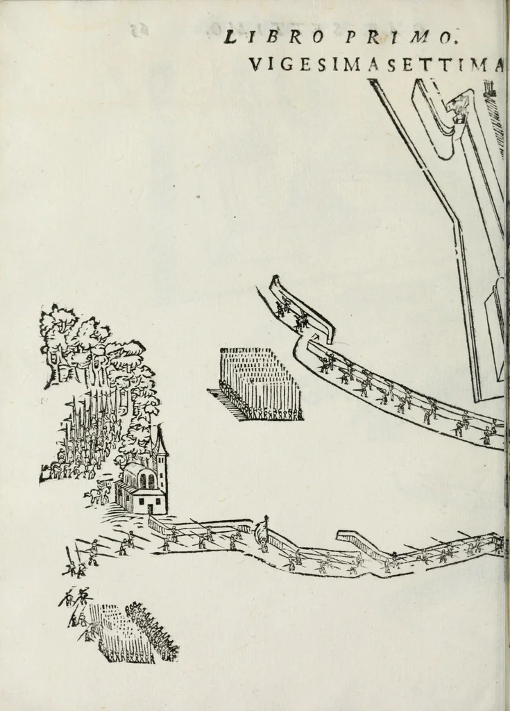 An illustration from Dell'arte militare libri cinque : ne' quali si tratta il modo di fortificare, offendere, et diffendere vna fortezza: et l'ordine come si debano fare gli alloggiamenti campali, & formare le battaglie, et nell'vltimo l'essamine de bombardieri, & di far fuochi arteficiati, 1608, leaf 148