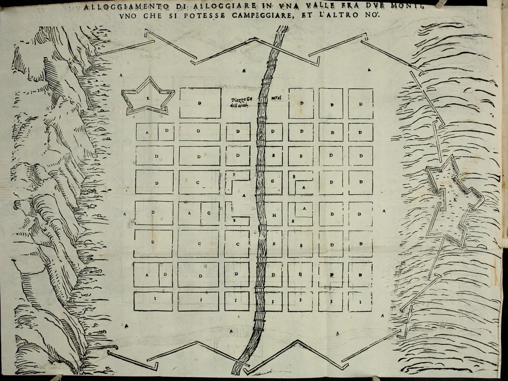 An illustration from Dell'arte militare libri cinque : ne' quali si tratta il modo di fortificare, offendere, et diffendere vna fortezza: et l'ordine come si debano fare gli alloggiamenti campali, & formare le battaglie, et nell'vltimo l'essamine de bombardieri, & di far fuochi arteficiati, 1608, leaf 172