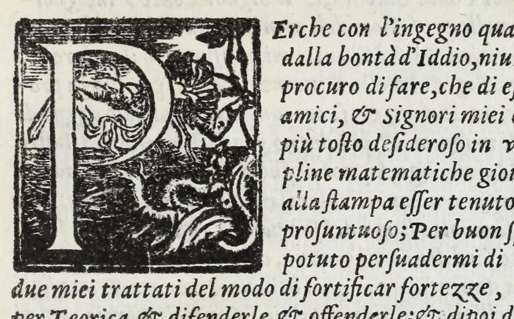 An illustration from Dell'arte militare libri cinque : ne' quali si tratta il modo di fortificare, offendere, et diffendere vna fortezza: et l'ordine come si debano fare gli alloggiamenti campali, & formare le battaglie, et nell'vltimo l'essamine de bombardieri, & di far fuochi arteficiati, 1608, leaf 21