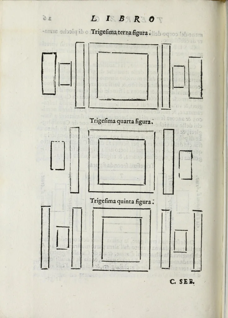 An illustration from Dell'arte militare libri cinque : ne' quali si tratta il modo di fortificare, offendere, et diffendere vna fortezza: et l'ordine come si debano fare gli alloggiamenti campali, & formare le battaglie, et nell'vltimo l'essamine de bombardieri, & di far fuochi arteficiati, 1608, leaf 300