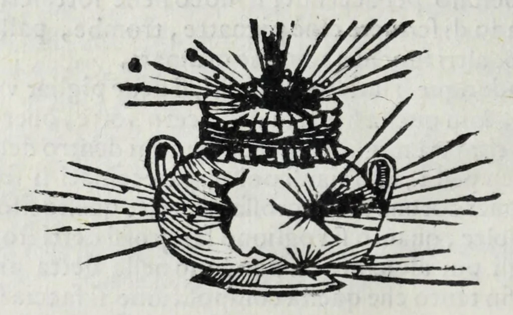 An illustration from Dell'arte militare libri cinque : ne' quali si tratta il modo di fortificare, offendere, et diffendere vna fortezza: et l'ordine come si debano fare gli alloggiamenti campali, & formare le battaglie, et nell'vltimo l'essamine de bombardieri, & di far fuochi arteficiati, 1608, leaf 414