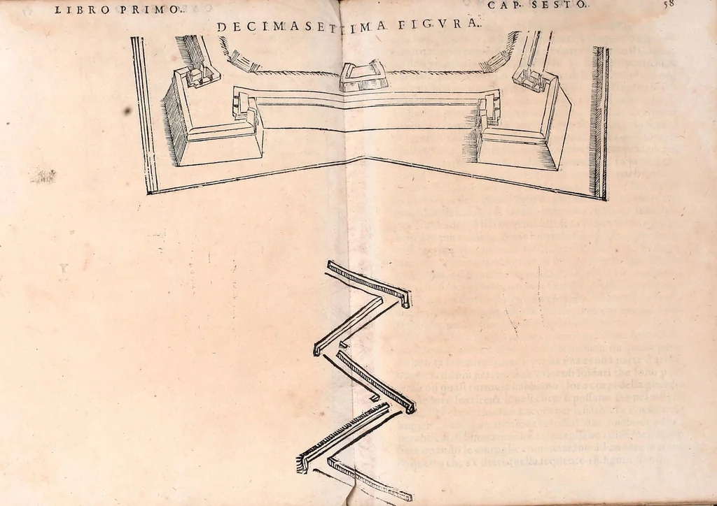 An illustration from Dell'arte militare libri cinqve : ne' qvali si tratta il modo di fortificare, offeendere [sic], et diffendere vna fortezza : et l'ordine come si debbano fare gli alloggiamenti campali & formare le battaglie : et nell'vltimo l'essamine de' bombardieri, & di far fuochi arteficiati, 1584, leaf 123