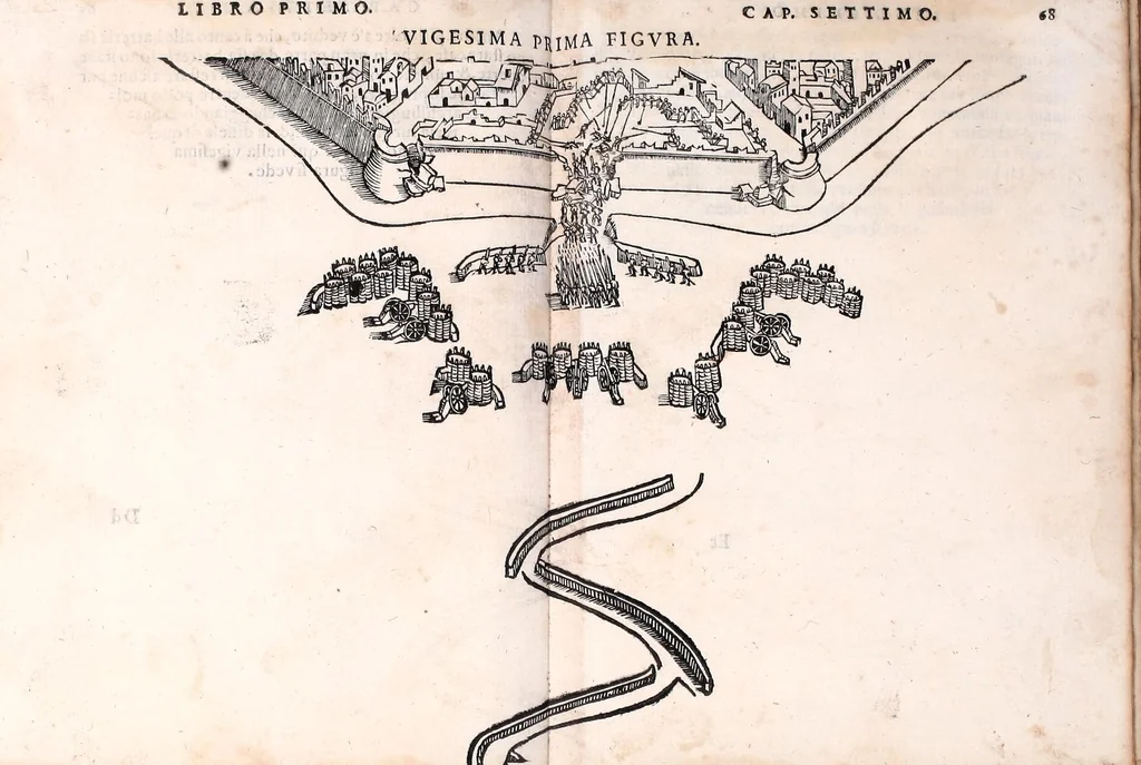 An illustration from Dell'arte militare libri cinqve : ne' qvali si tratta il modo di fortificare, offeendere [sic], et diffendere vna fortezza : et l'ordine come si debbano fare gli alloggiamenti campali & formare le battaglie : et nell'vltimo l'essamine de' bombardieri, & di far fuochi arteficiati, 1584, leaf 143