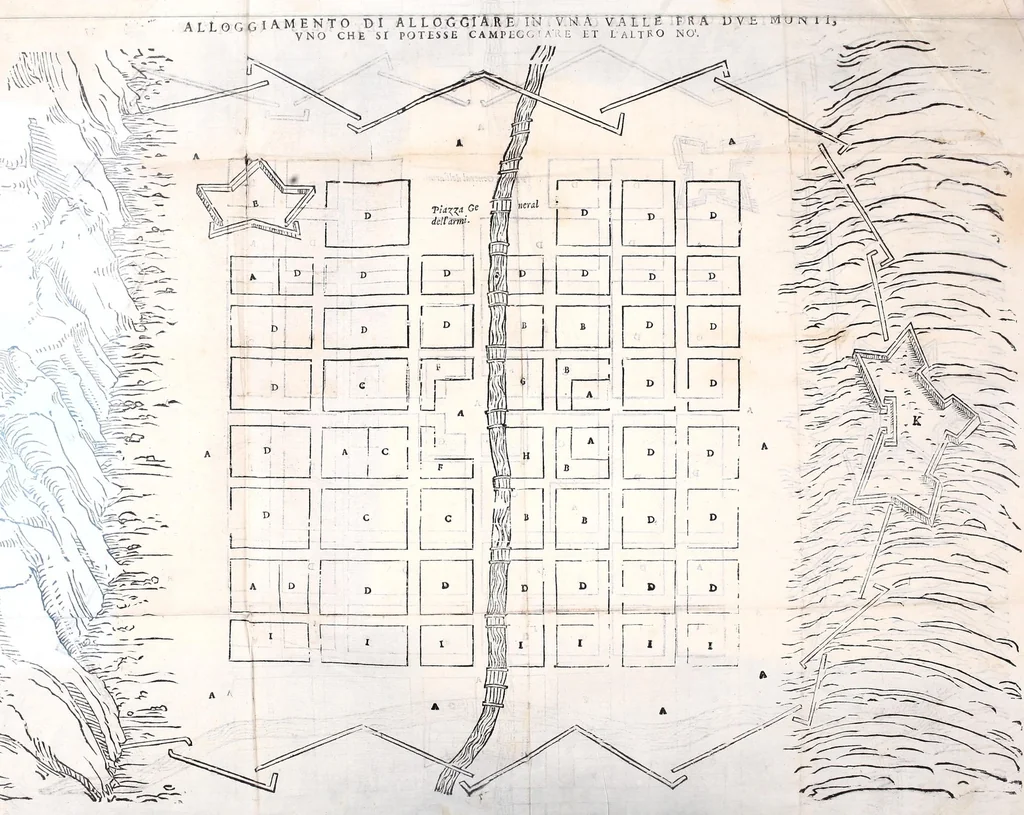 An illustration from Dell'arte militare libri cinqve : ne' qvali si tratta il modo di fortificare, offeendere [sic], et diffendere vna fortezza : et l'ordine come si debbano fare gli alloggiamenti campali & formare le battaglie : et nell'vltimo l'essamine de' bombardieri, & di far fuochi arteficiati, 1584, leaf 161